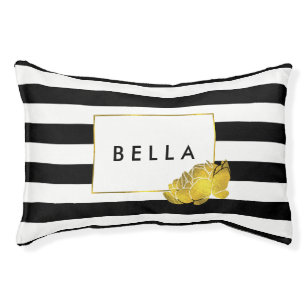 Black Stripe & Gold Peony Personalized Dog Bed