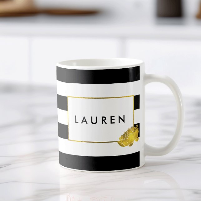 Black Stripe & Gold Peony Personalized Mug (Creator Uploaded)