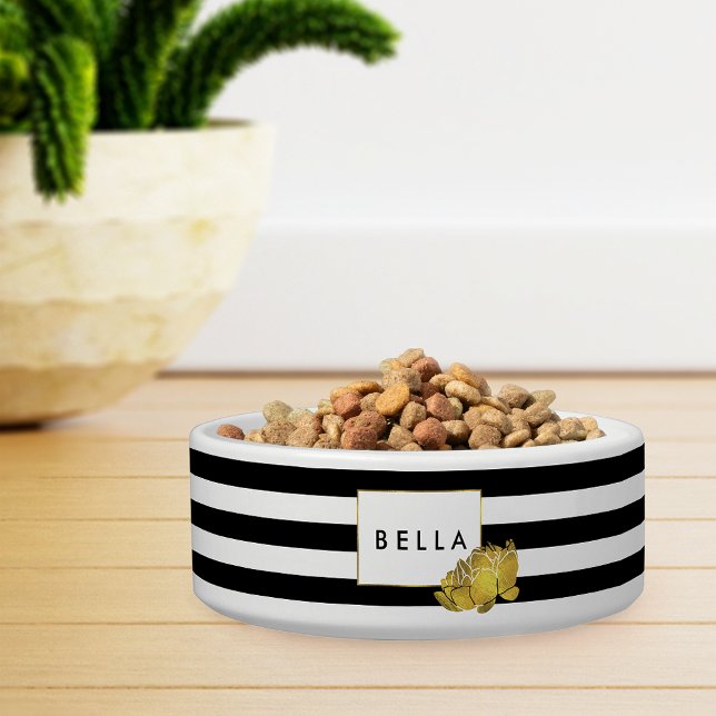 Black Stripe & Gold Peony Personalized Pet Bowl (Creator Uploaded)