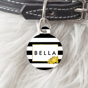 Black Stripe & Gold Peony Personalized Pet ID Tag