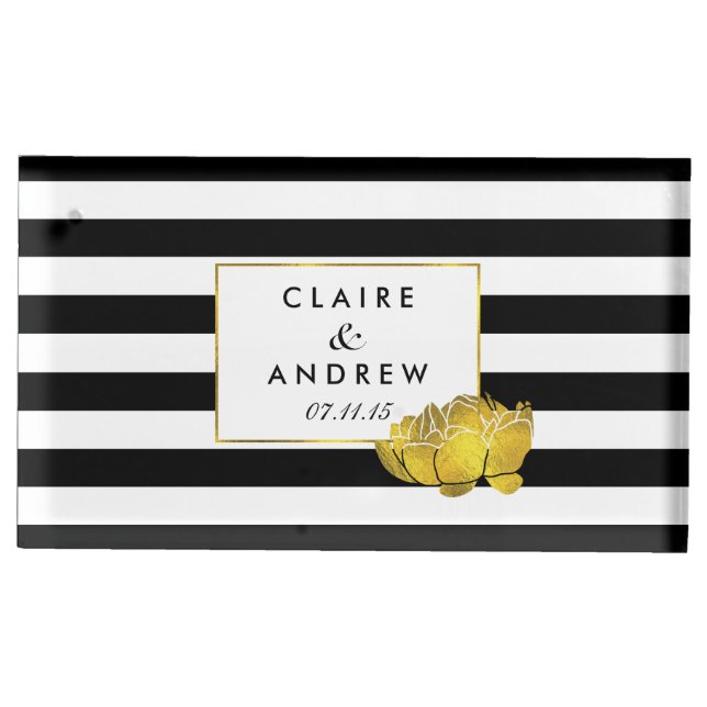 Black Stripe Gold Peony Wedding Table Card Stand (Front)