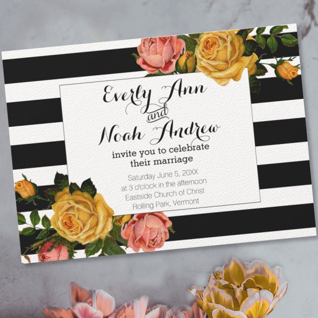 Black Stripe Heirloom Pink Yellow Rose Wedding Invitation (Creator Uploaded)