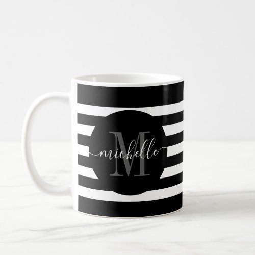 Black Stripe Monogram Circle Script Modern Elegant Coffee Mug