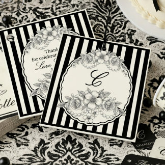 Black Stripe Monogram Floral Thank You Favour Tag, Favor Tags