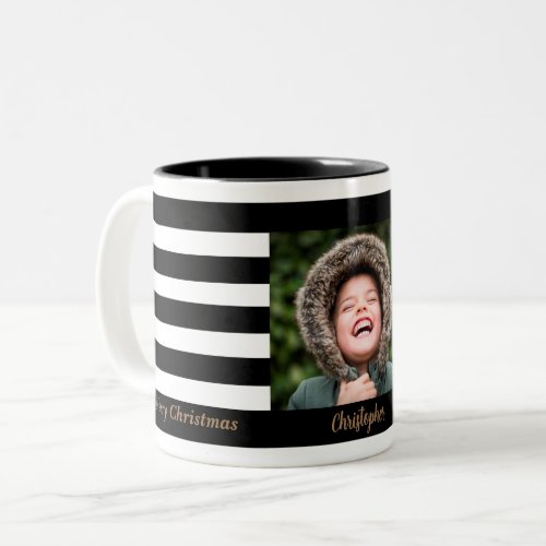 Black Stripe navy Holiday Photo Collage Two_Tone Coffee Mug