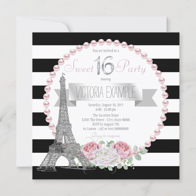 Black Stripe Paris Sweet 16 Party Invitation (Front)