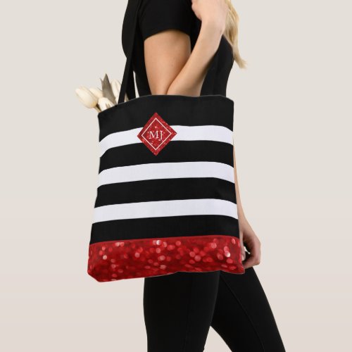 Black Stripe Pattern  Red Glitter Monogram Tote Bag