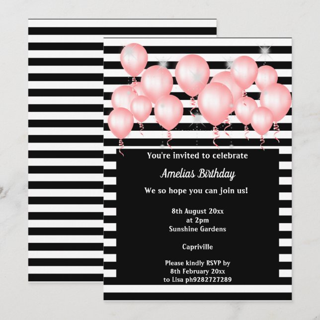 BLACK STRIPE PINK BALLOON BIRTHDAY PARTY INVITATION (Front/Back)