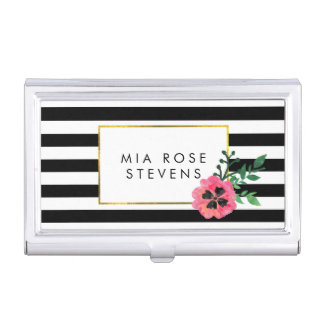 Black Stripe & Pink Floral Business Card Holder
