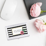 Black Stripe & Pink Floral Business Card Holder<br><div class="desc">This sleek and feminine business card holder features chic black and white stripes with a pretty watercolor pansy flower and faux gold accents. Customize with a monogram,  name or text of your choice! Matching business cards and accessories available in our shop.</div>