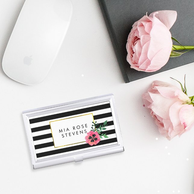 Black Stripe & Pink Floral Business Card Holder (Creator Uploaded)