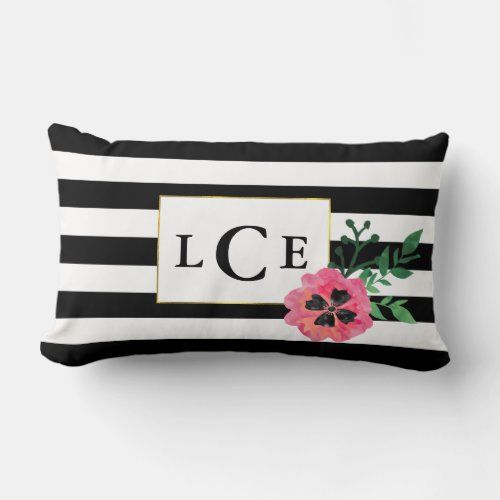 Black Stripe  Pink Floral Monogram Throw Pillow