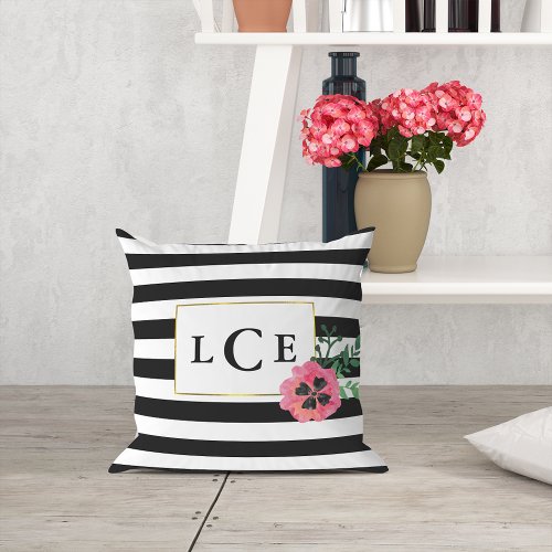 Black Stripe  Pink Floral Monogram Throw Pillow