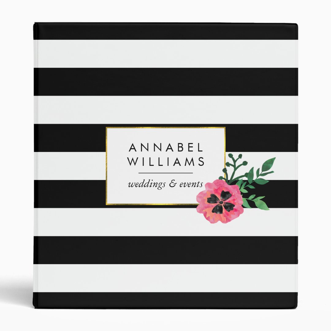 Black Stripe &amp; Pink Floral Personalized Binder | Zazzle