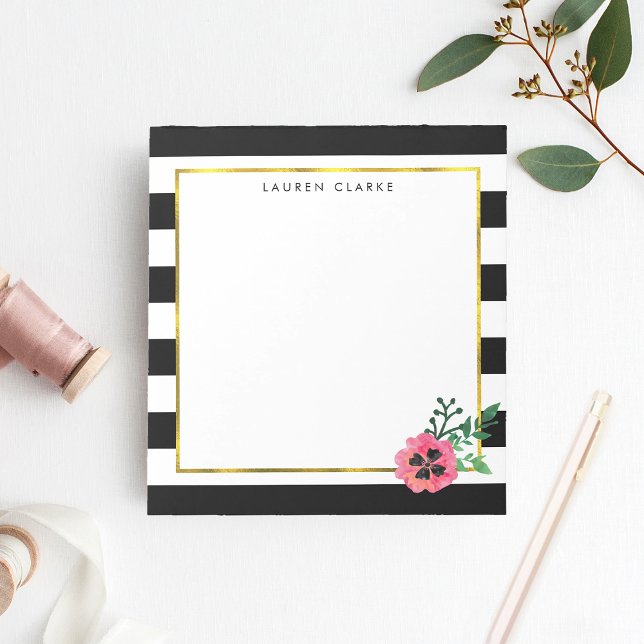 Black Stripe & Pink Floral Personalized Notepad (Creator Uploaded)