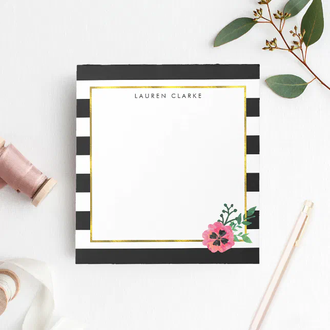 Black Stripe & Pink Floral Personalized Notepad | Zazzle