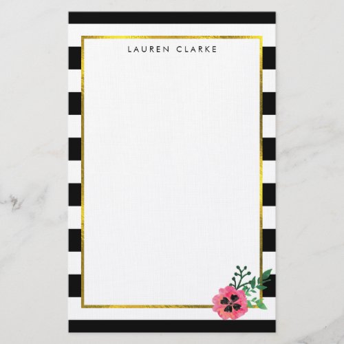 Black Stripe  Pink Floral Personalized Stationery