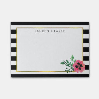 Black Stripe & Pink Floral Sticky Notes