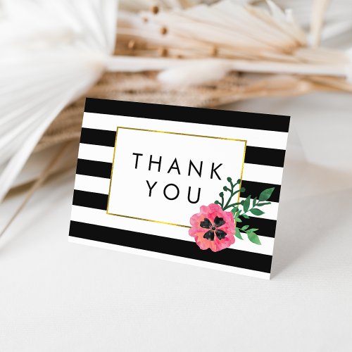 Black Stripe  Pink Floral Thank You Cards