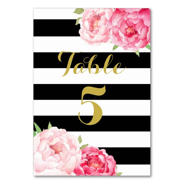 Black Stripe Pink Floral Wedding Table Number Card (Front)