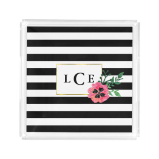 Black Stripe & Pink Flower Monogram Tray