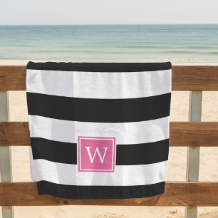 Black Stripe & Pink Monogram Beach Towel