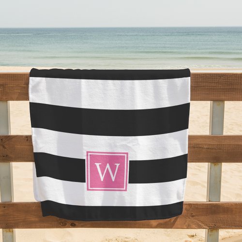 Black Stripe  Pink Monogram Beach Towel