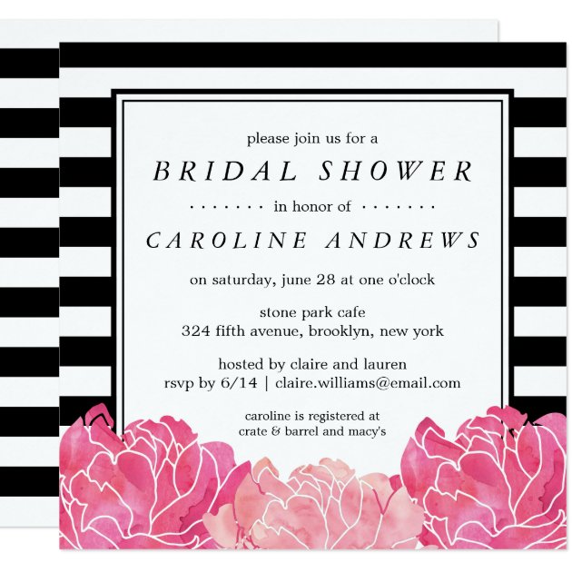 Black Stripe & Pink Peony Bridal Shower Invitation