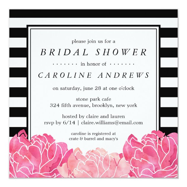 Black Stripe & Pink Peony Bridal Shower Invitation