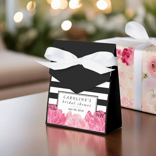 Black Stripe & Pink Peony Bridal Shower Favor Boxes (Creator Uploaded)