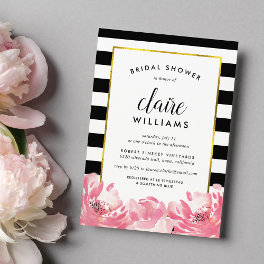 Black Stripe & Pink Peony Bridal Shower Invitation