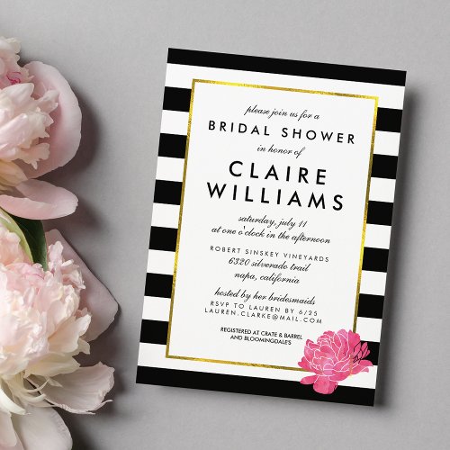 Black Stripe  Pink Peony Bridal Shower Invitation