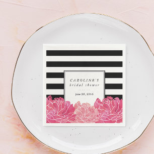 Black Stripe & Pink Peony Bridal Shower Napkins