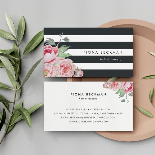 Black Stripe  Pink Peony Business Card