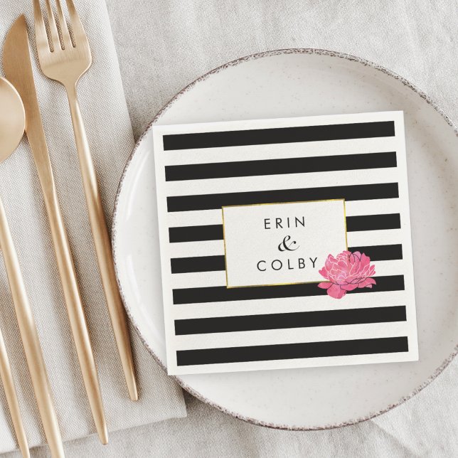 Black Stripe & Pink Peony Napkins (Creator Uploaded)