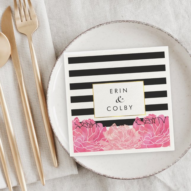 Black Stripe & Pink Peony Paper Napkins (Creator Uploaded)