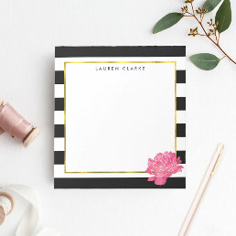 Black Stripe &amp; Pink Peony Personalized Notepad
