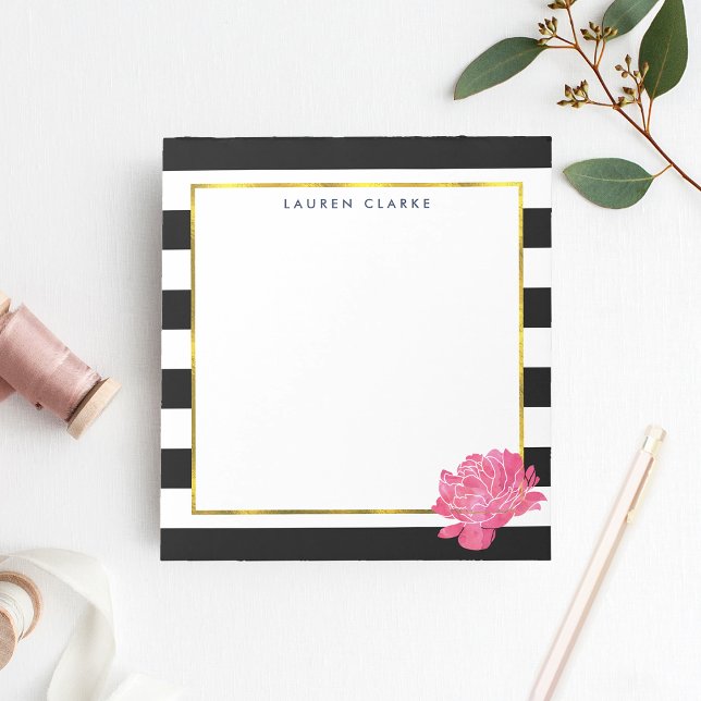 Black Stripe & Pink Peony Personalized Notepad (Creator Uploaded)