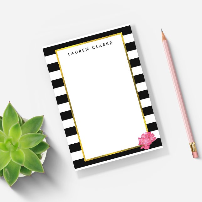 Black Stripe & Pink Peony Personalized Post-it Notes (Creator Uploaded)