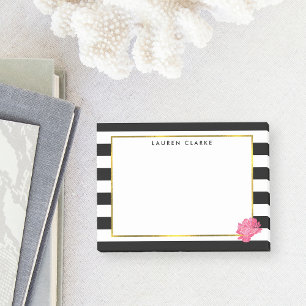 Black Stripe & Pink Peony Post-it Notes