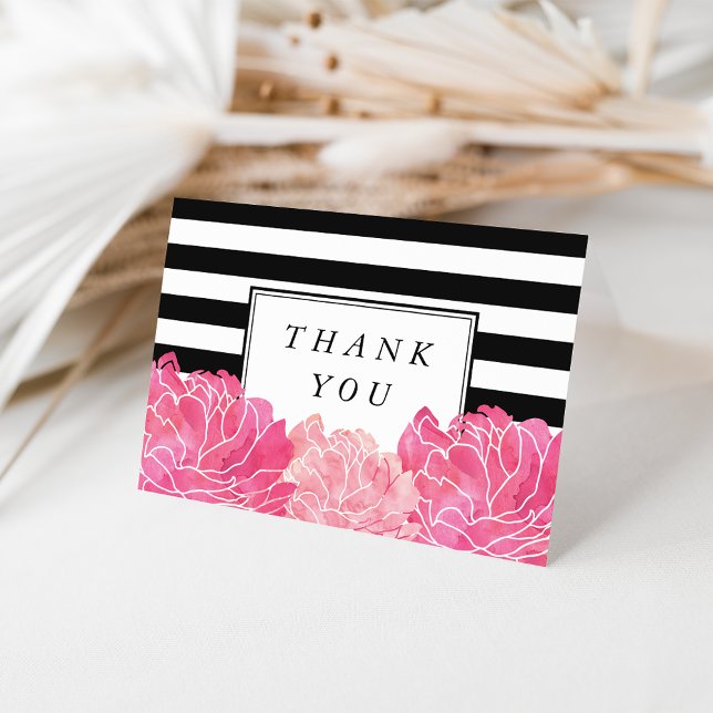 Black Stripe & Pink Peony Thank You Card (Creator Uploaded)