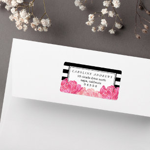 Black Stripe Pink Peony Watercolor Return Address Label