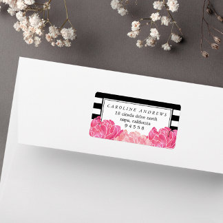 Black Stripe Pink Peony Watercolor Return Address Label
