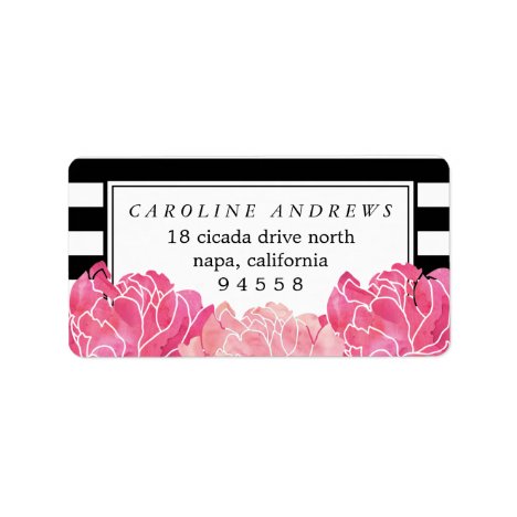 Black Stripe &amp; Pink Peony Watercolor Return Label