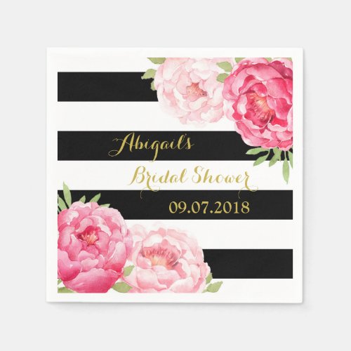 Black Stripe Pink Watercolor Bridal Shower Napkins