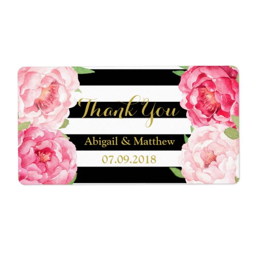 Black Stripe Pink Watercolor Floral Wedding Labels