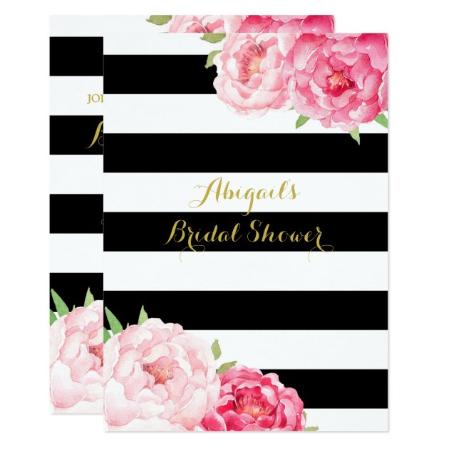 Black Stripe Pink Watercolor Flowers Bridal Shower Invitation