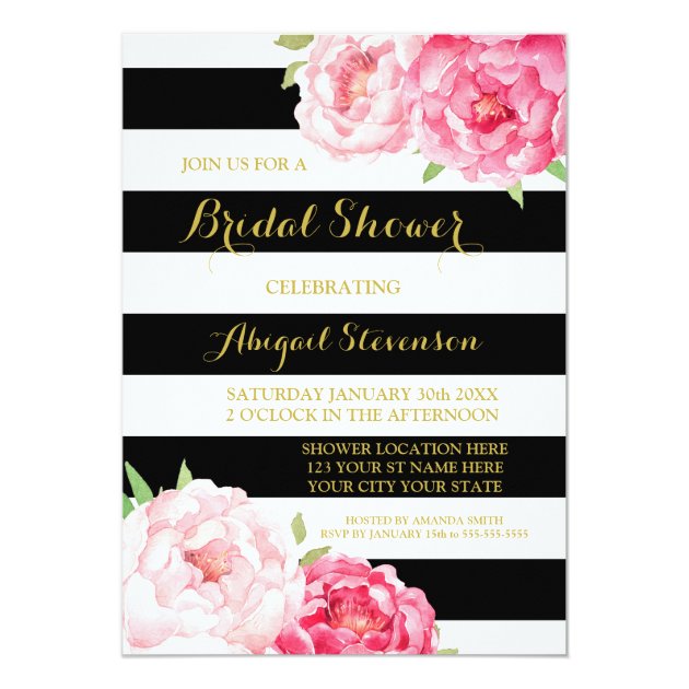 Black Stripe Pink Watercolor Flowers Bridal Shower Invitation
