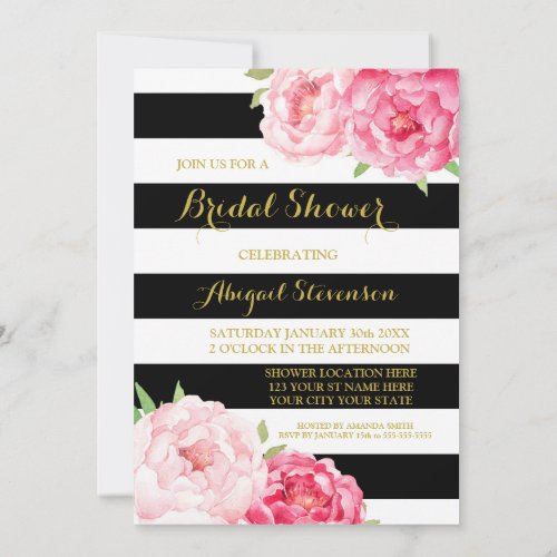 Black Stripe Pink Watercolor Flowers Bridal Shower Invitation