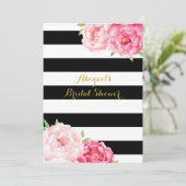 Black Stripe Pink Watercolor Flowers Bridal Shower Invitation (Standing Front)